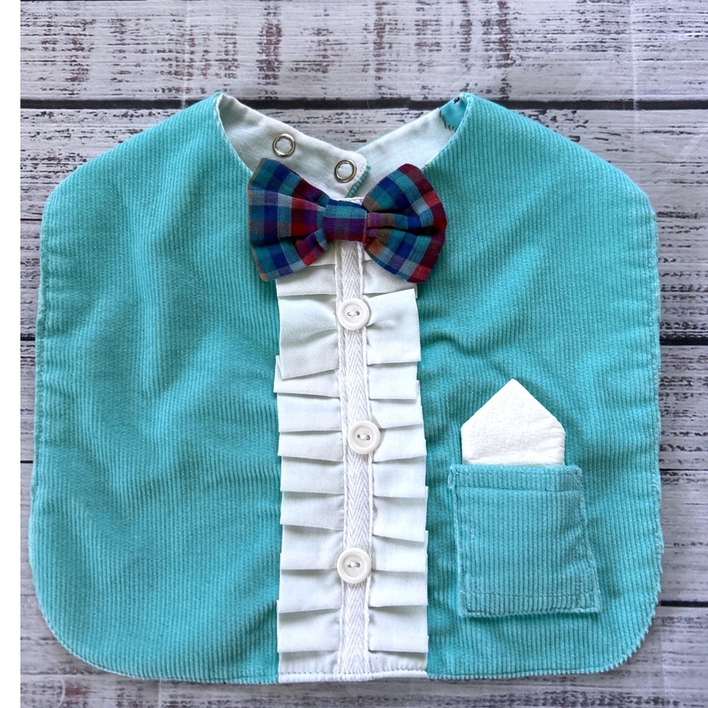 Tuxedo Bib Kids Teal Corduroy‎ Plaid Bow Tie Ruffles Handmade One Size